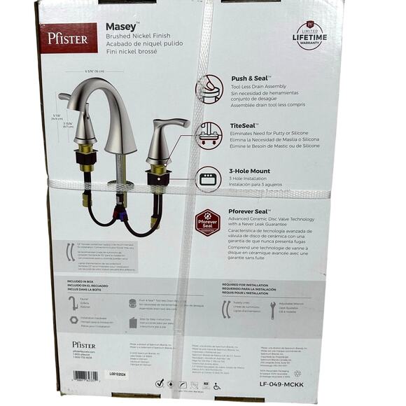 Pfister 3-Hole "Masey" Nickel Finish LF049MCKK Faucet w/Push & Seal Drain-NEW! - Picture 7 of 8